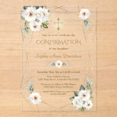 Elegant White Flowers Gold Cross Confirmation Acryleinladungen (Vorderseite)