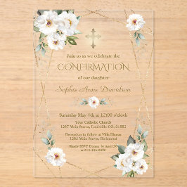 Elegant White Flowers Gold Cross Confirmation Acryleinladungen