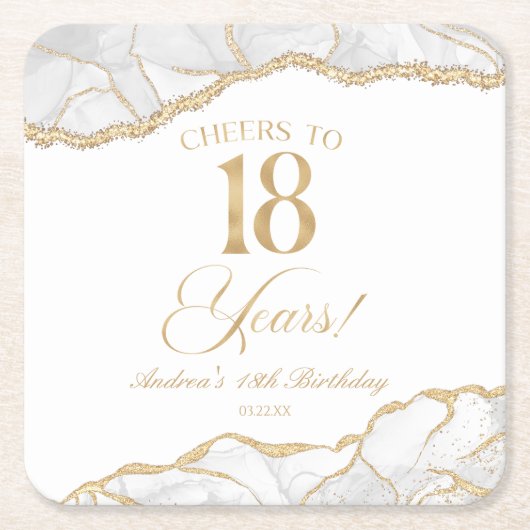 Elegant White Gold Agate 18th Birthday Party Rechteckiger Pappuntersetzer (Vorderseite)