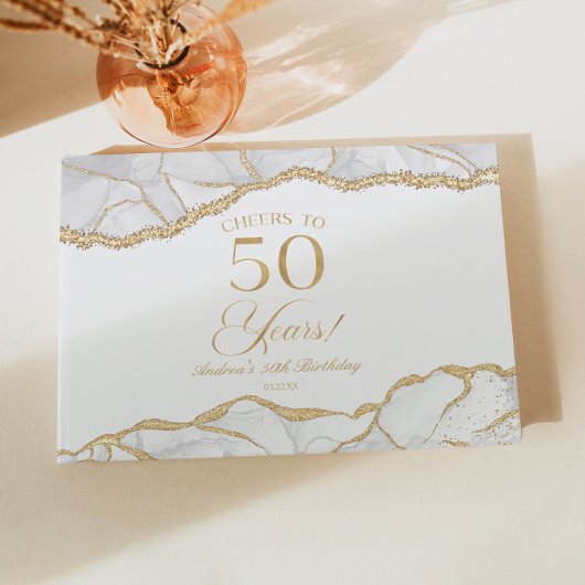 Elegant White Gold Agate 50th Birthday Party Gästebuch