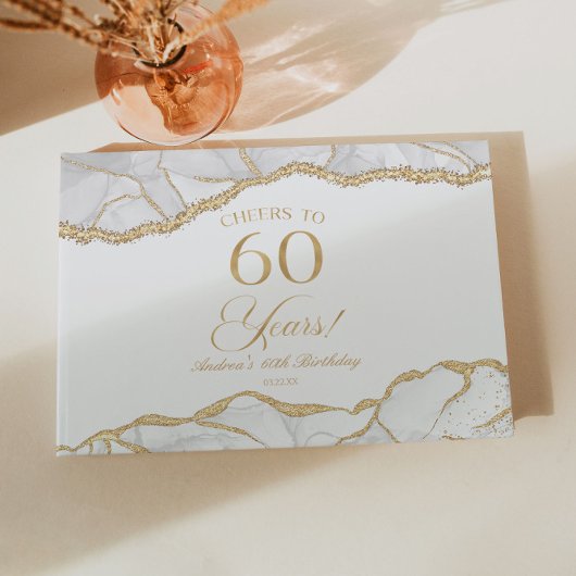 Elegant White Gold Agate 60th Birthday Party Gästebuch
