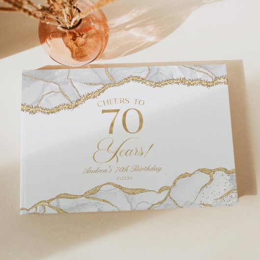 Elegant White Gold Agate 70th Birthday Party Gästebuch