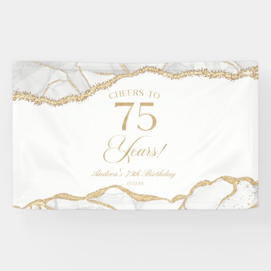 Elegant White Gold Agate 75th Birthday Party Banner (Horizontal)