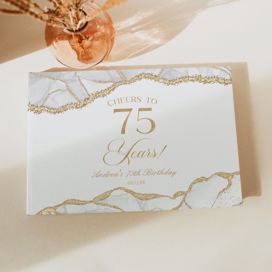 Elegant White Gold Agate 75th Birthday Party Gästebuch