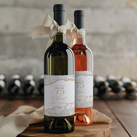 Elegant White Gold Agate 75th Birthday Party Weinetikett