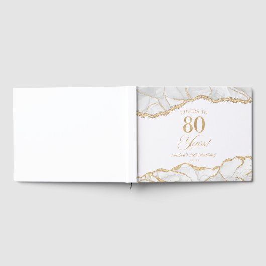 Elegant White Gold Agate 80th Birthday Party Gästebuch (Voll)