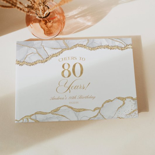 Elegant White Gold Agate 80th Birthday Party Gästebuch