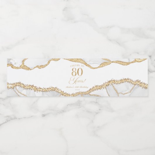 Elegant White Gold Agate 80th Birthday Party Wasserflaschenetikett (Einzelnes Label)