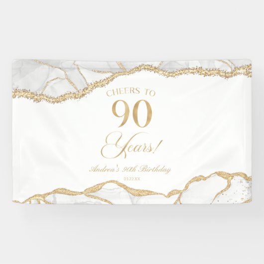 Elegant White Gold Agate 90th Birthday Party Banner (Horizontal)
