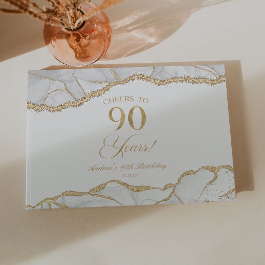 Elegant White Gold Agate 90th Birthday Party Gästebuch