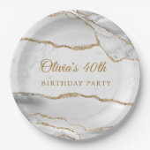 Elegant White & Gold Agate Birthday Party Pappteller (Vorderseite)