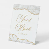 Elegant White Gold Agate Guest Book Sign Sockelschild (Vorderseite)