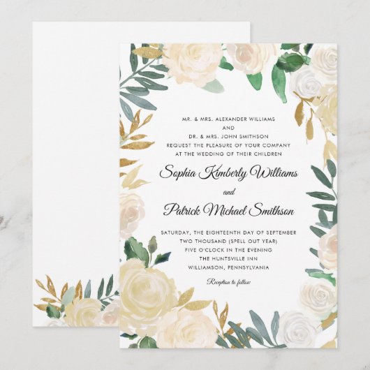 Elegant White Gold Floral | alle Eltern, die Einladung (Vorne/Hinten)