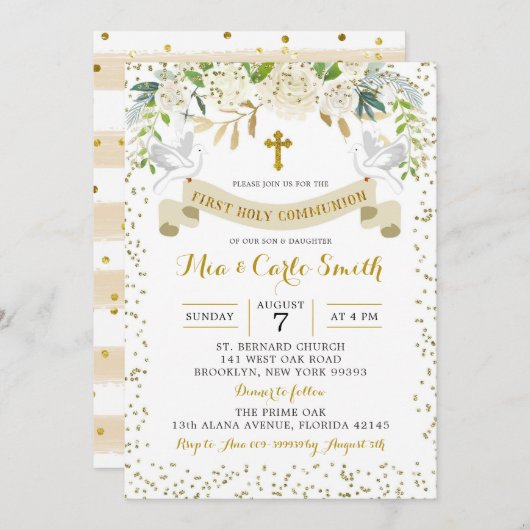 Elegant White Gold Floral First Holy Communion Einladung (Vorne/Hinten)