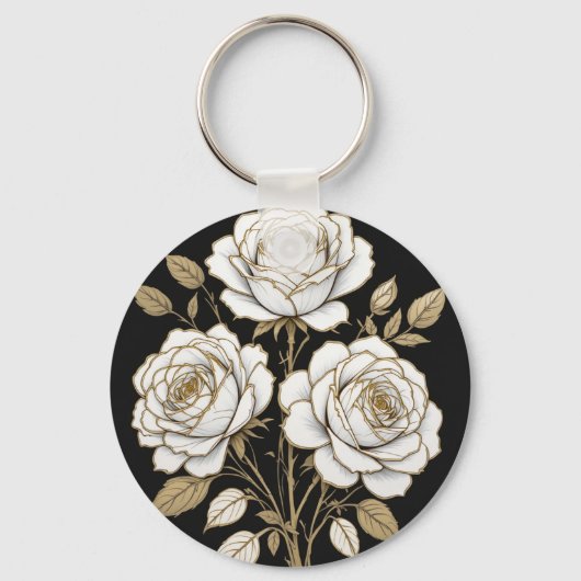 Elegant White & Gold Floral Rose Keychain – Luxury Schlüsselanhänger (Vorderseite)