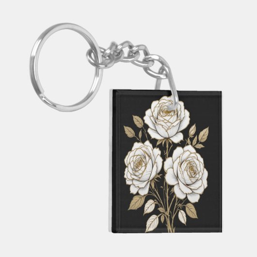 Elegant White & Gold Floral Rose Keychain – Luxury Schlüsselanhänger (Vorderseite links)