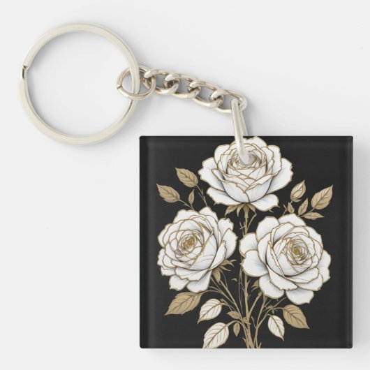 Elegant White & Gold Floral Rose Keychain – Luxury Schlüsselanhänger (Vorderseite)