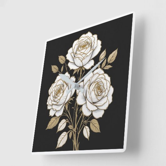 Elegant White & Gold Floral Rose Wall Clock  Quadratische Wanduhr (Winkel)