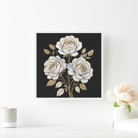 Elegant White & Gold Floral Rose Wall Clock Quadratische Wanduhr (Zuhause)