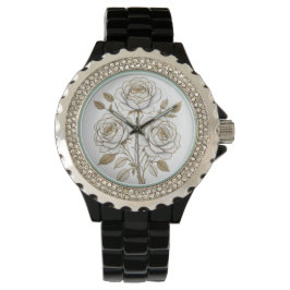 Elegant White & Gold Floral Rose Watch – Luxury Bo Armbanduhr
