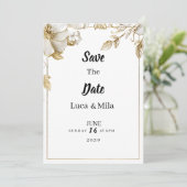 Elegant white gold flower typography Save the Date Einladung (Stehend Vorderseite)