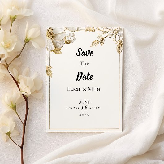 Elegant white gold flower typography Save the Date Einladung