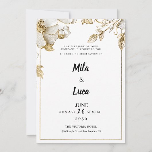 Elegant white gold flowers typography Wedding Einladung (Vorderseite)