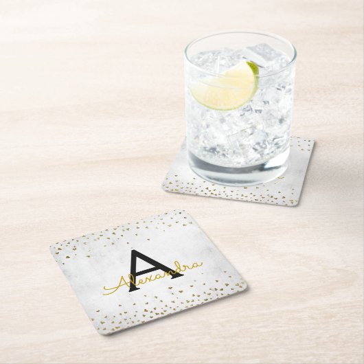 Elegant White - Gold Foil Confetti Monogram Rechteckiger Pappuntersetzer (Vor Ort)