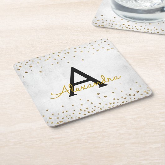 Elegant White - Gold Foil Confetti Monogram Rechteckiger Pappuntersetzer (angewinkelt)