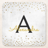 Elegant White - Gold Foil Confetti Monogram Rechteckiger Pappuntersetzer (Vorderseite)