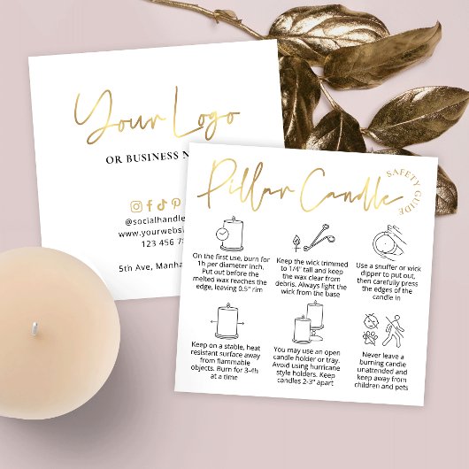 Elegant White & Gold Logo Pillar Candle Care Card Quadratische Visitenkarte