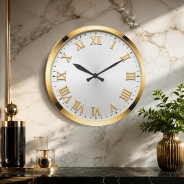  Elegant White & Gold Luxury  Große Wanduhr