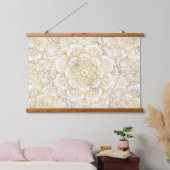 Elegant White Gold Mandala Floral Wandteppich Mit Holzrahmen (Schlafzimmer)