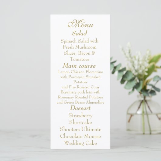 Elegant White & Gold Menu card Menükarte (Stehend Vorderseite)