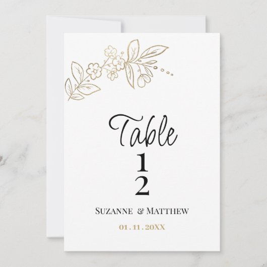 Elegant white gold simple floral Table Number Einladung (Vorderseite)