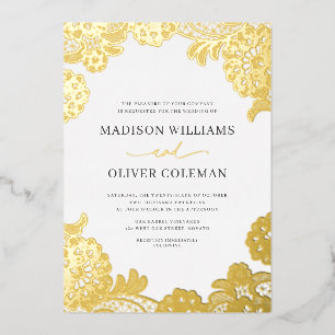 Elegant White + Golden Foil Lace Hochzeit Real Folieneinladung
