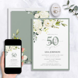 Elegant White Grey Green Floral 50. Geburtstag Einladung