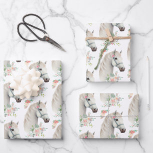 Elegant White Horse Boho Floral Geschenkpapier Set