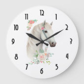 Elegant White Horse Boho Floral Große Wanduhr (Vorderseite)