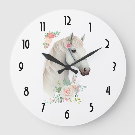 Elegant White Horse Boho Floral Große Wanduhr (Vorderseite)