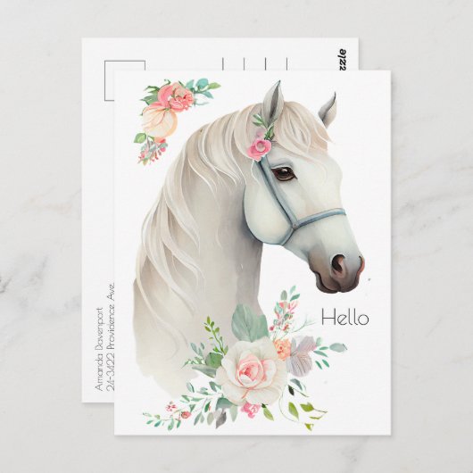 Elegant White Horse Boho Floral Postkarte (Vorne/Hinten)