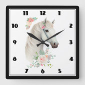 Elegant White Horse Boho Floral Quadratische Wanduhr (Vorderseite)