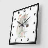 Elegant White Horse Boho Floral Quadratische Wanduhr (Winkel)