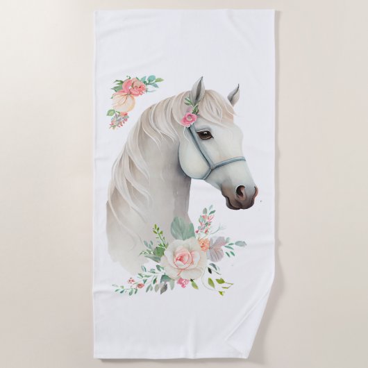 Elegant White Horse Boho Floral Strandtuch (Vorderseite)
