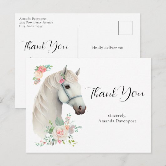 Elegant White Horse Boho Floral Vielen Dank Postkarte (Vorne/Hinten)