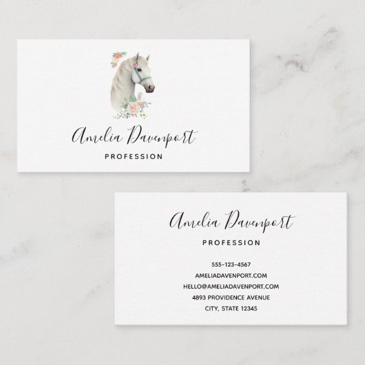 Elegant White Horse Boho Floral Visitenkarte (Vorne/Hinten)
