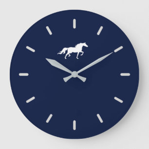 Elegant White Horse Silhouette on Navy Blue Große Wanduhr