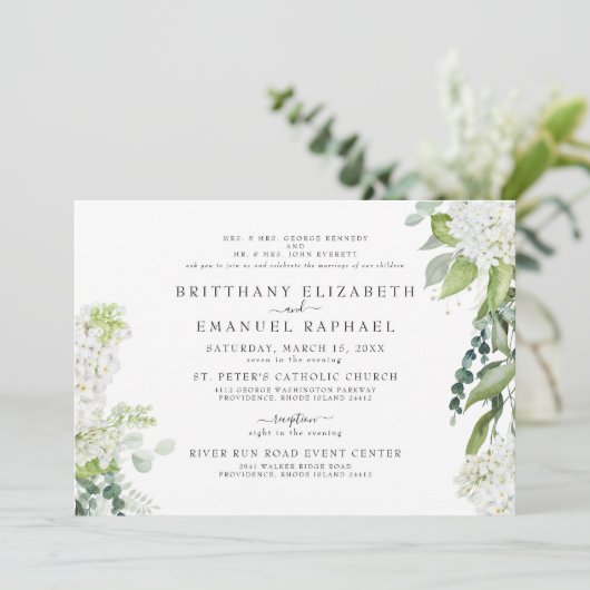Elegant White Hydrangea Beide Eltern Hochzeit Einladung (Stehend Vorderseite)
