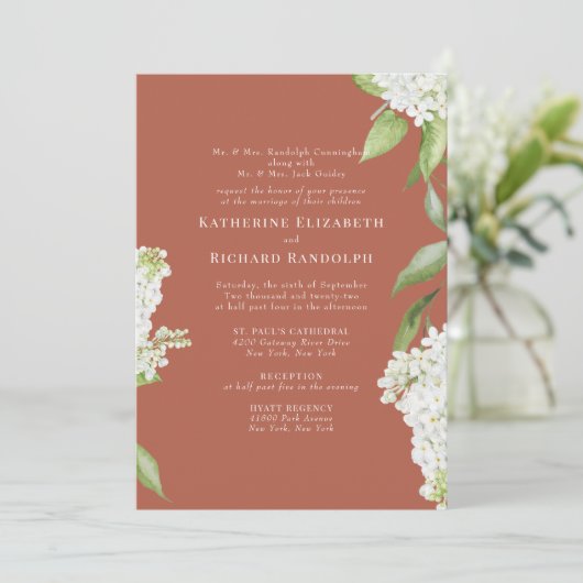 Elegant White Hydrangea Cinnamon / Wedding Einladung (Stehend Vorderseite)