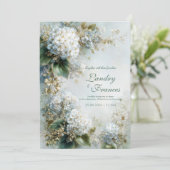 Elegant White Hydrangea Gold Botanical Wedding Einladung (Stehend Vorderseite)